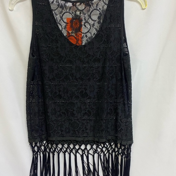 Black Lace Top Size Large with Fringe See Through Not Lined  By One Star - Picture 9 of 9